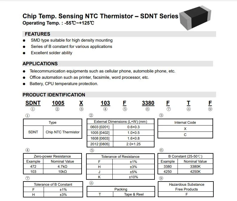 Sdnt Series 0603 Chip Temperature Sensor OEM ODM Ntc Temperature Sensor Thermistor